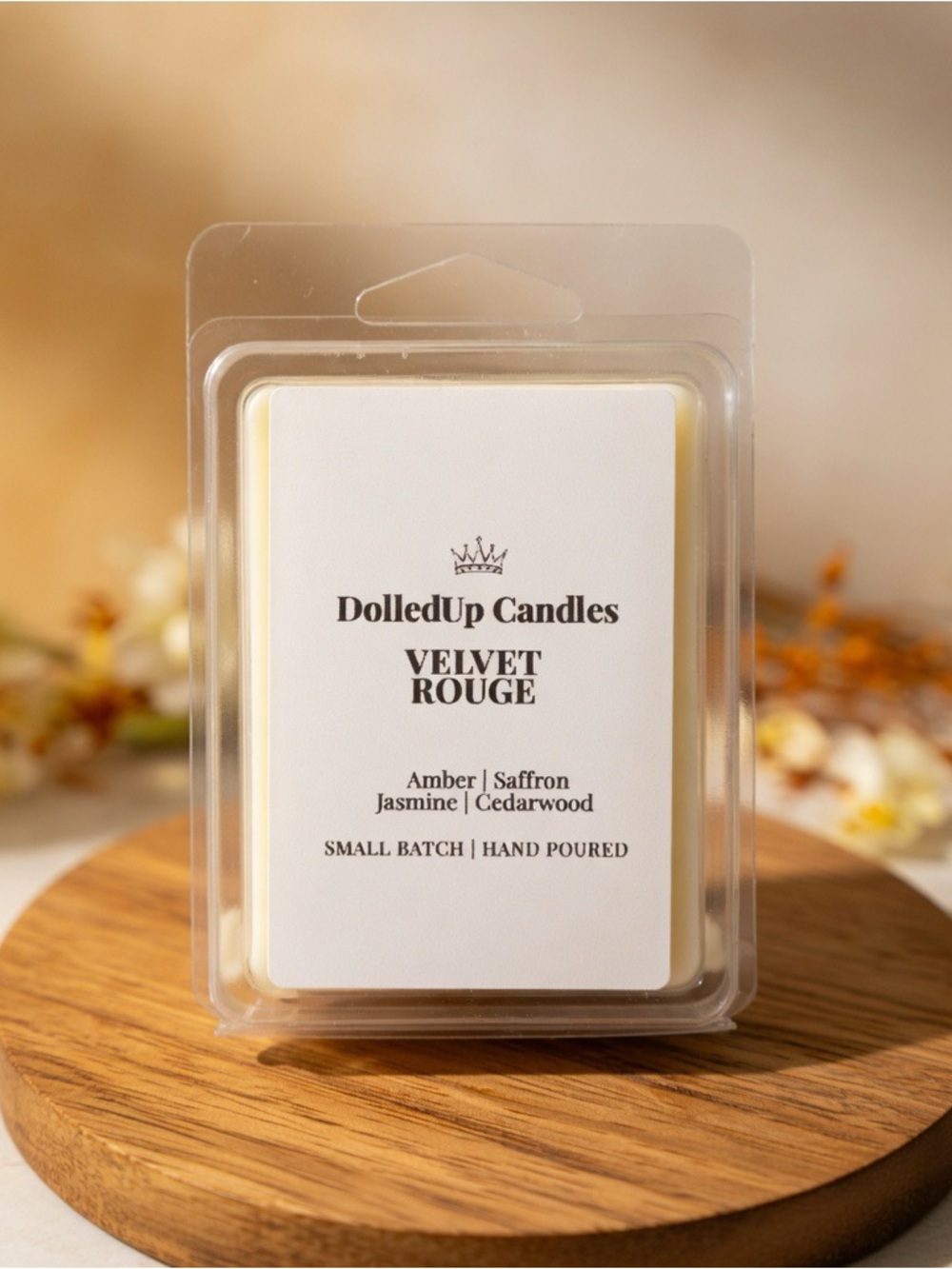 Velvet Rouge Wax Melts | Amber Saffron Jasmine Cedarwood | DolledUp Candles